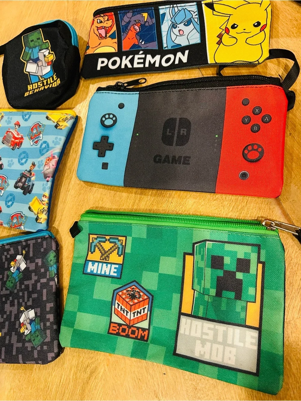 Assorted Kids Gaming & Character Zip Pouches (Minecraft, Pokemon, Paw Patrol+)